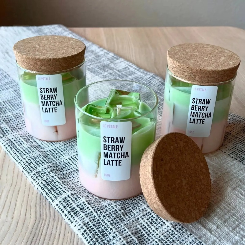 抹茶アイスコーヒーの香りのキャンドル、高級ガラスカップ、フルーツゼリーワックス、家庭用ホリデー記念品、香りのキャンドル|undefined