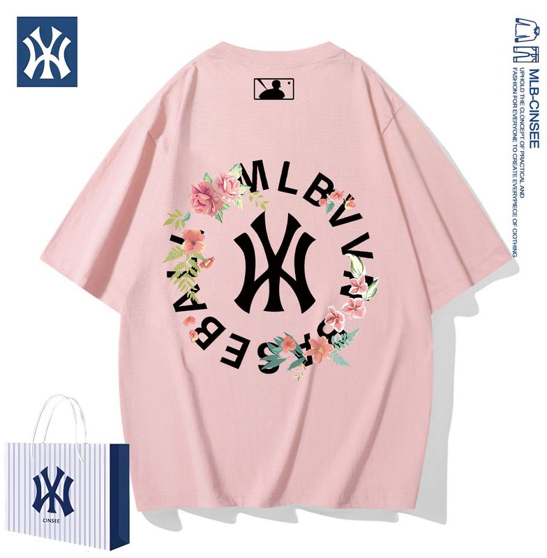 Mlb & ny2025夏の重ポンド純綿カップルのショートファッション百合tシャツ男性潮牌軽豪華半袖上着|undefined