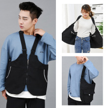 跨境新款潮流ins工装马甲背带腰包帆布多功能两用包男女同款背包