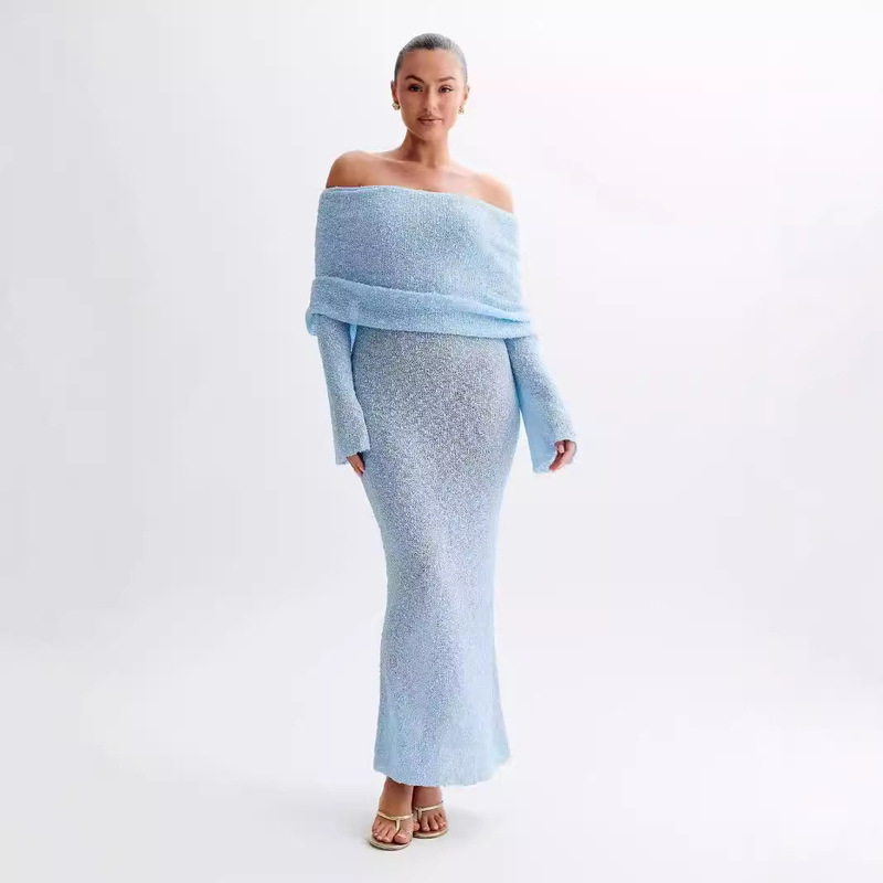 New Pure Color Dress Knitted Bell Sleeve Long Skirt Knitted Backless Skirt One-Line Collar Beach Skirt Casual Blouse Skirt