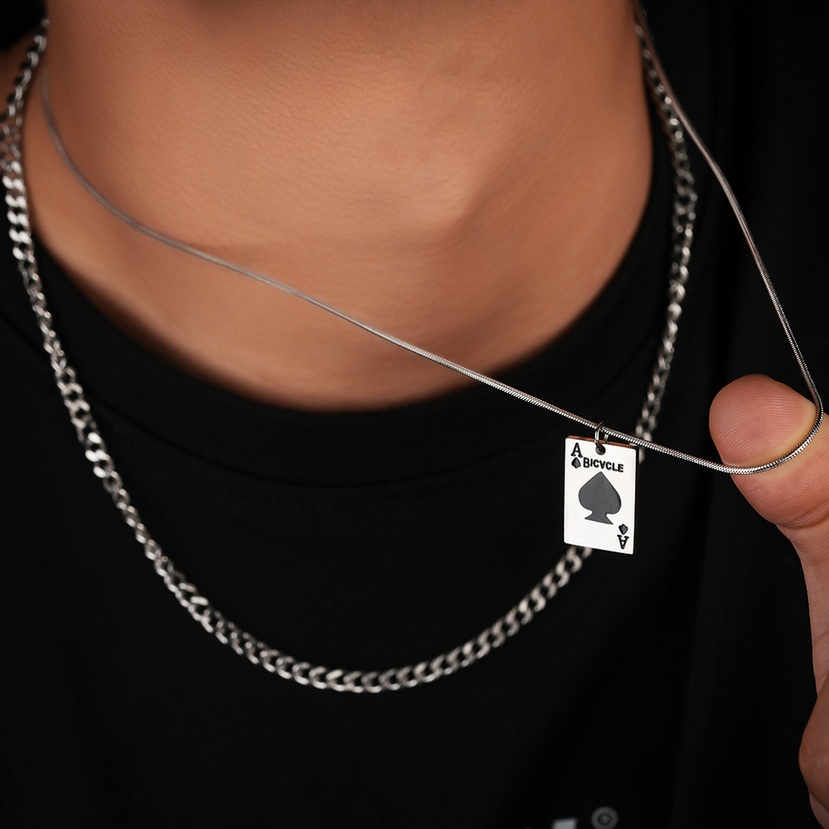 Poker Pattern Hip-Hop Poker Titanium Steel Plating Unisex Double Layer Necklaces Men Layered Necklaces