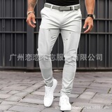 新款欧美跨境独立站男纯色紧身插口袋订鸡眼休闲修身小脚长裤5741，男装休闲裤，星座1217-1