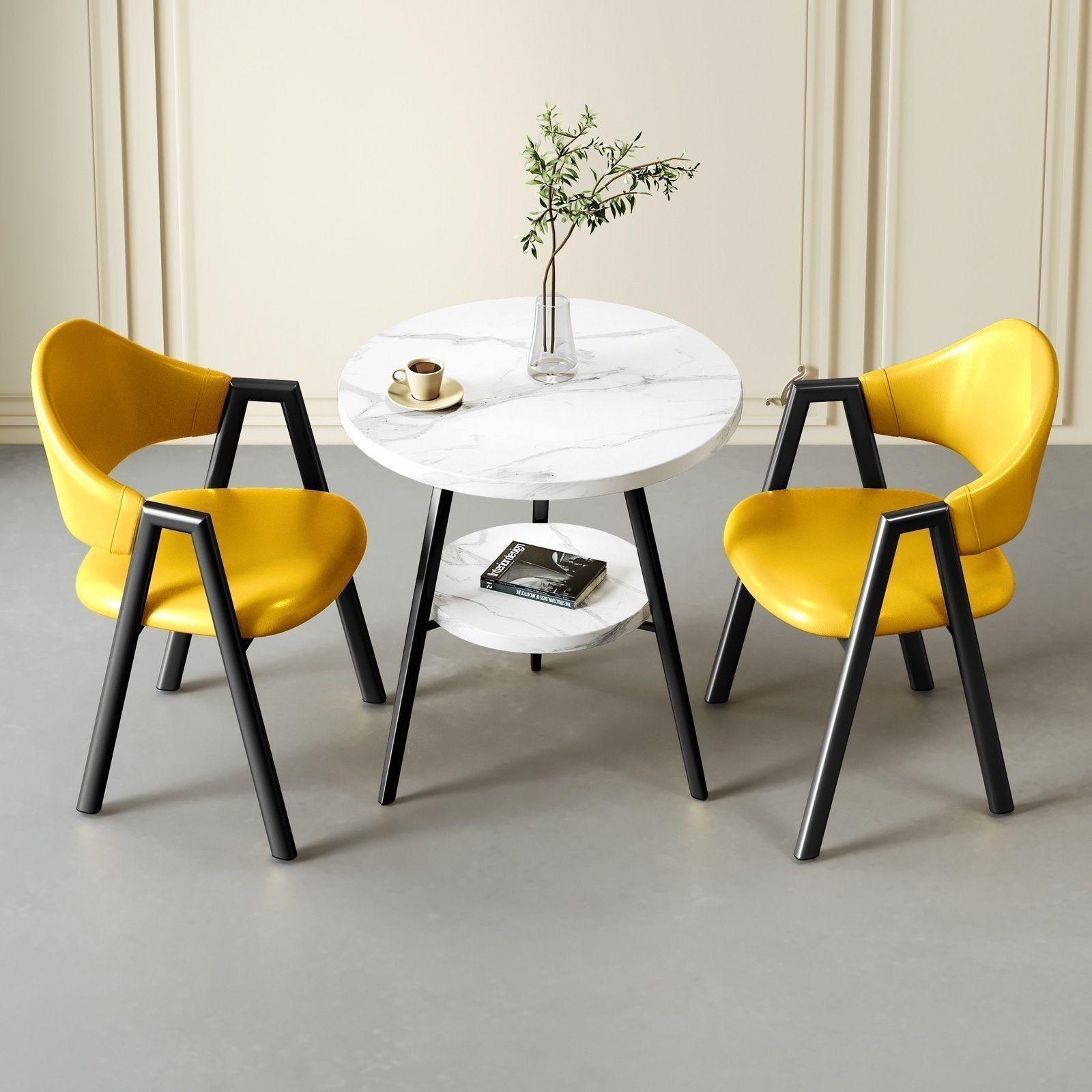 노란색 가죽으로 된 테이블과 의자 2개