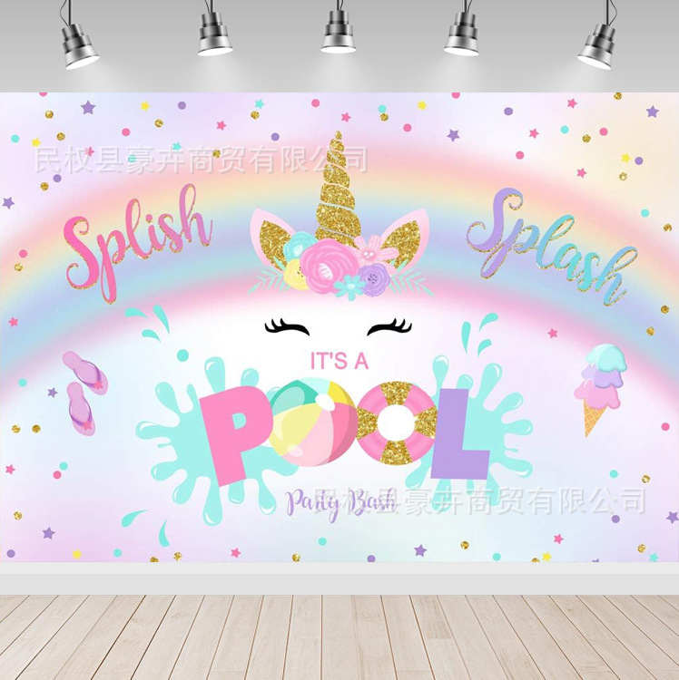 Amazon Hot Selling Swimming Pool Splash Unicorn Photography Background Cloth Baby Shower Decoration Banner Props Hanging Cloth