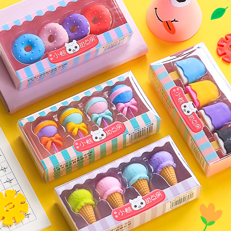 Creative Modeling Student Rubber Ice Cream Cake Eraser Set Hamburger Cartoon Eraser Stationery Wholesale