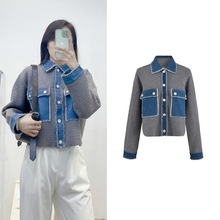 欧美跨境高端女装时尚休闲撞色针织开衫拼接牛仔翻领长袖上衣外套