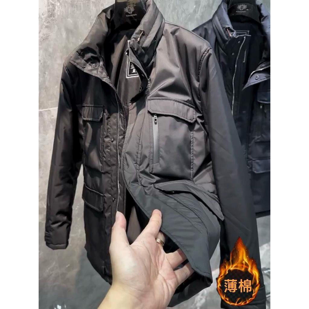 Осенняя и зимняя мужская тонкая куртка с воротником-стойкой 2024 бизнес наружная куртка с большим карманом карман куртка с хлопковой одеждой красивый