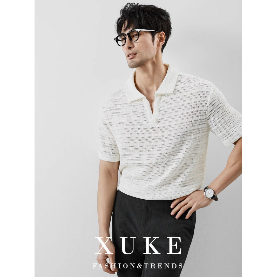 Camisa POLO suéter de manga corta con cuello en V para hombre cuello de gaviota hueco negocio británico verano hielo seda comercio exterior venta al por mayor transfronteriza