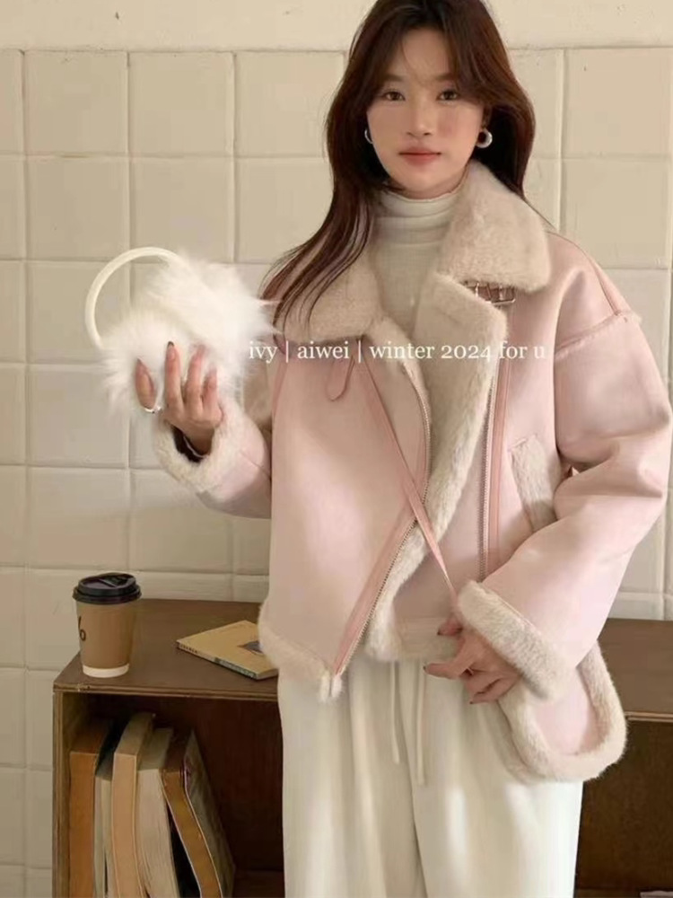 2025 New Winter French Biker Jacket Made of Deerskin Velvet and Faux Rabbit Fur Coat for Women