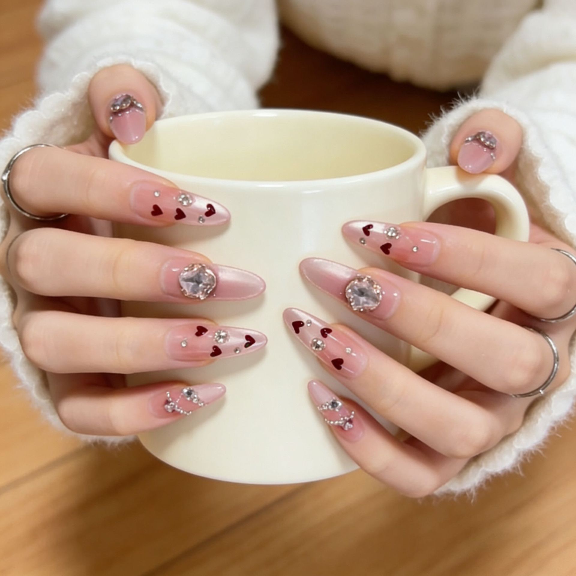 Ojos de gato de color rosa amor parches de uñas falsas desmontables para usar uñas parches de uñas blanqueadoras largas