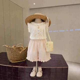 现货童装2026夏新款女童小童韩版卡通花边飞袖T恤蕾丝棉布灯笼裤