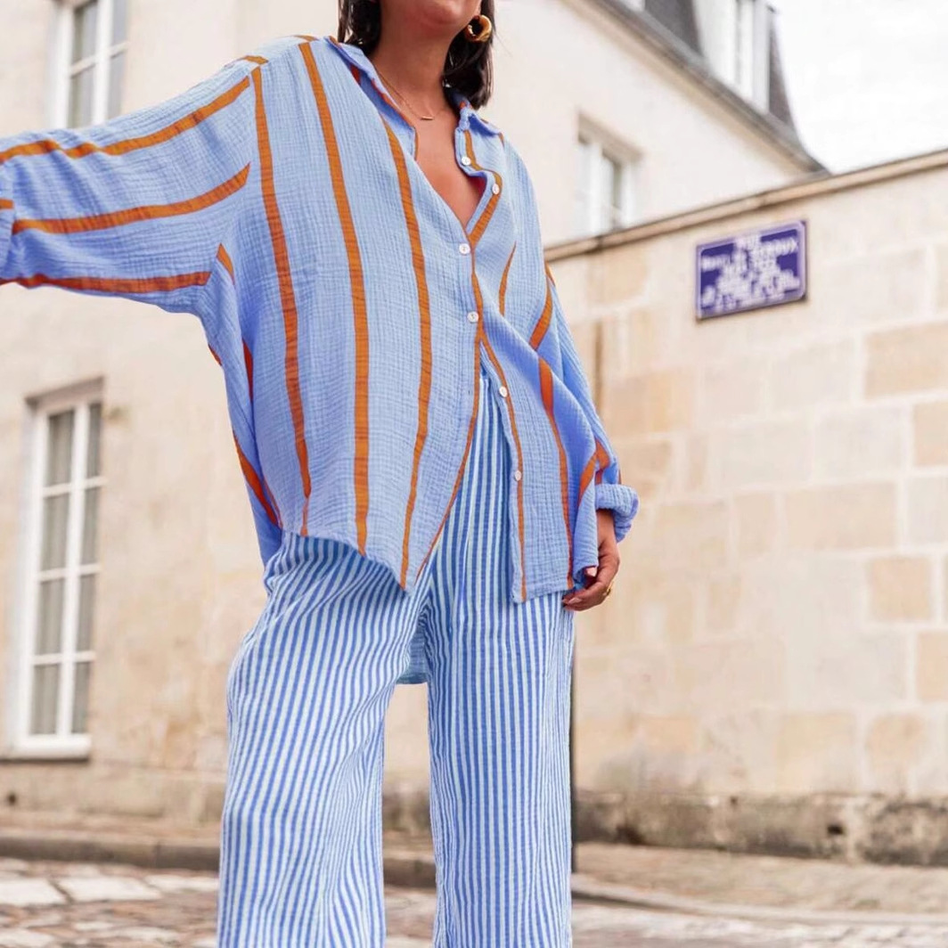 Cozy Striped Long Sleeve Button Down Blouse