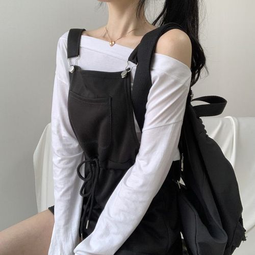 Korean chic elegant temperament, casual and versatile waist-cinching loose jumpsuit overalls + long-sleeved bottoming T-shirt