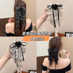 フレンチシフォンリボンロングリボンクリップ女性用2025新しいスタイルの雰囲気と西洋スタイルの後頭部ポニーテールクリップヘアアクセサリー