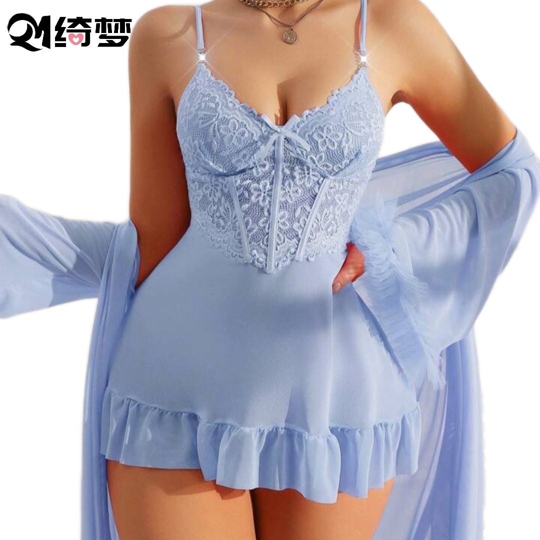 Cross-Border Amazon European and American Plus-Size Lace Pure and Sexy Nightgowns, See-Through Sexy Loungewear, Lingerie Wholesale