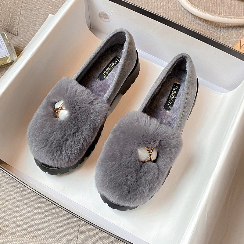 Giày búp bê nữ lót lông giữ ấm đế dày gót 3-5 cm — Màu xám, Màu đen
