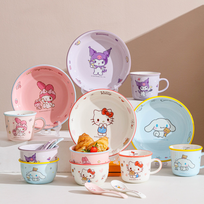 Sanrio Ceramic Bowl Hello Kitty Disc Household Kidsren's Tableware Cartoon Dishes Plate Water Cup Spoon Chopsticks Set