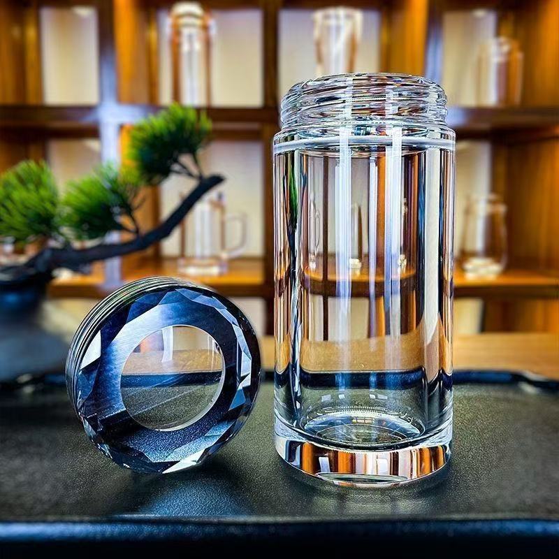 High-End Double-Layer Crystal Glass Portable Transparent Water Cup for Men and Women Filtered Tea Cup Office Business Insulated Cup