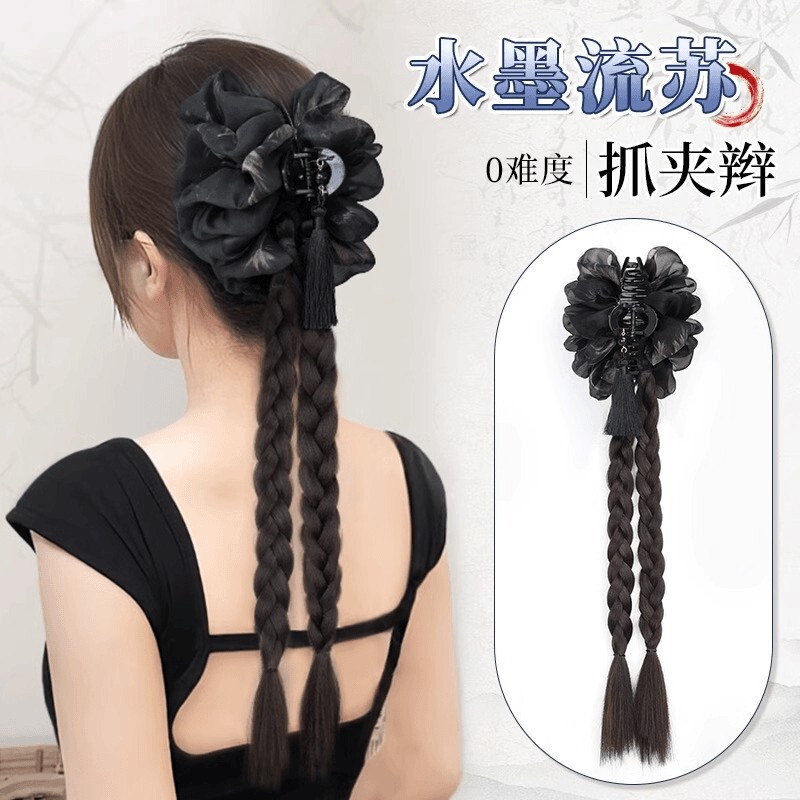 New Chinese-Style Ancient Braided Hair Clip with Ink Cloud Design, Long Braided Hair for Women, Ink Tassel Ponytail Wig, Hand-Woven Braids
