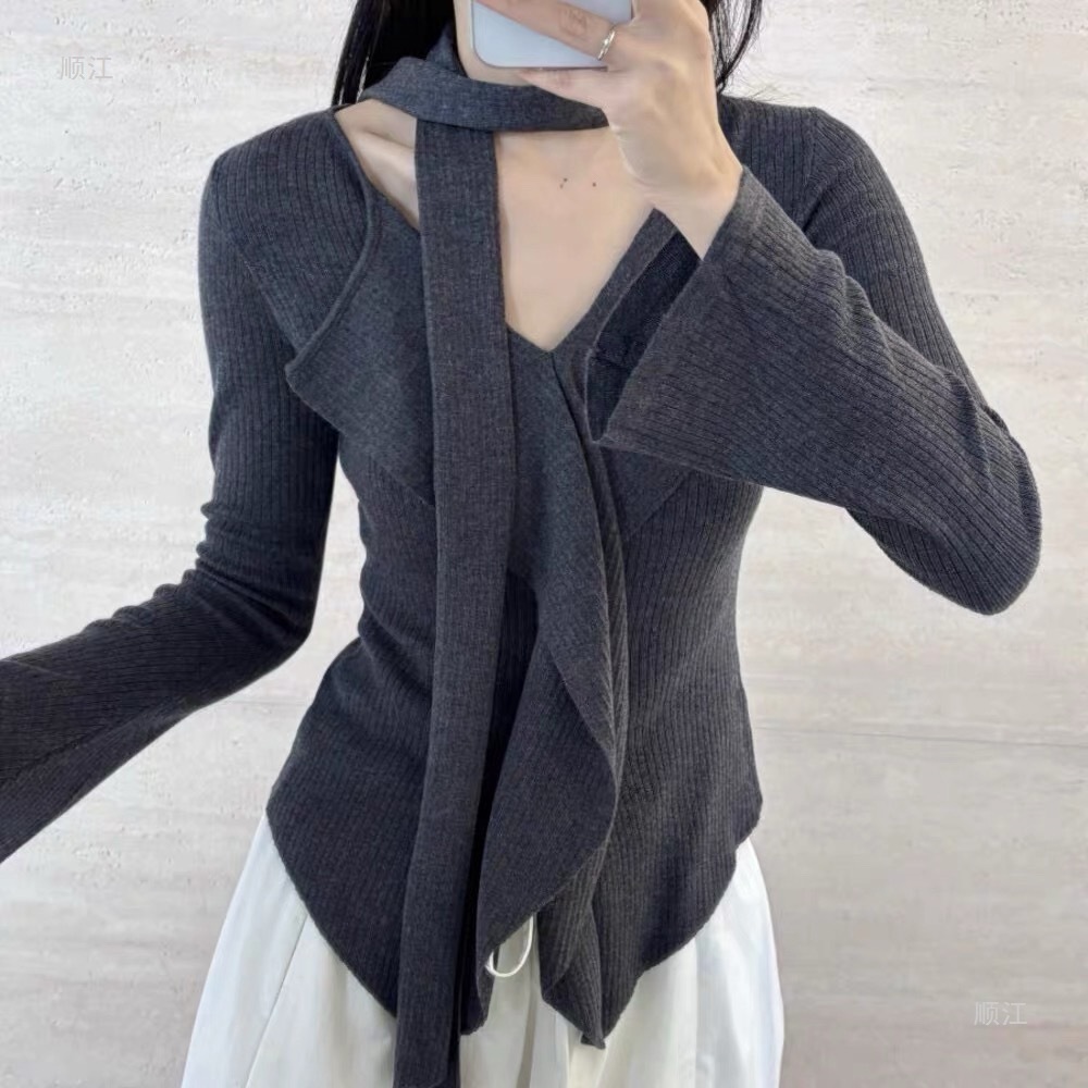 秋季新款纯欲风荷叶边飘带领小众设计感别致上衣咖紫色杏色深灰色