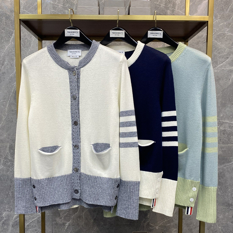 tnom biowhe tb placket pick hole knitted cardigan women's new shirt low round neck sweet sweater coat