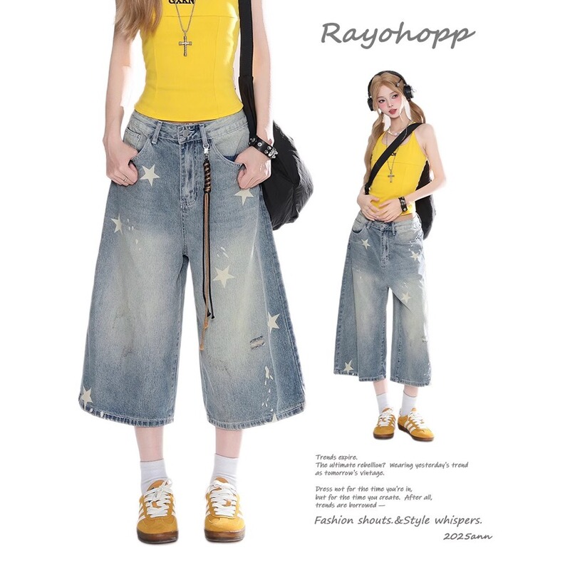 Plus Size American Retro Distressed Denim Shorts Women's Summer New Star Print Loose Cropped Jeans A4135