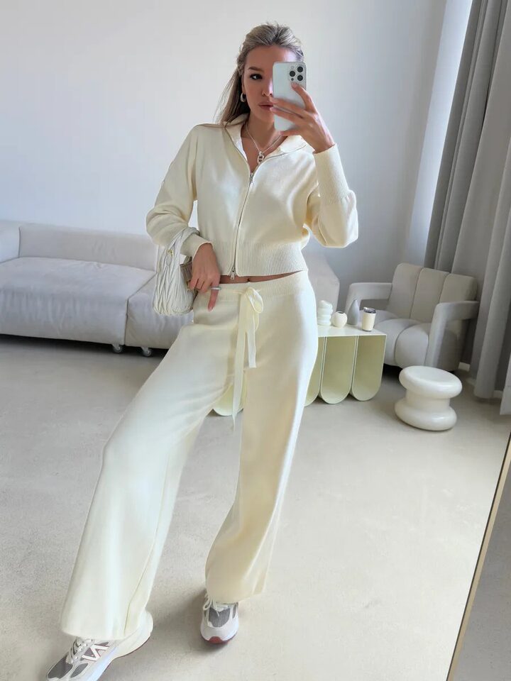 Bộ áo len dệt kim tay dài khóa kéo đôi phong cách thanh lịch — Màu nâu nhạt, màu be, màu hồng, màu nâu chi tiết 50