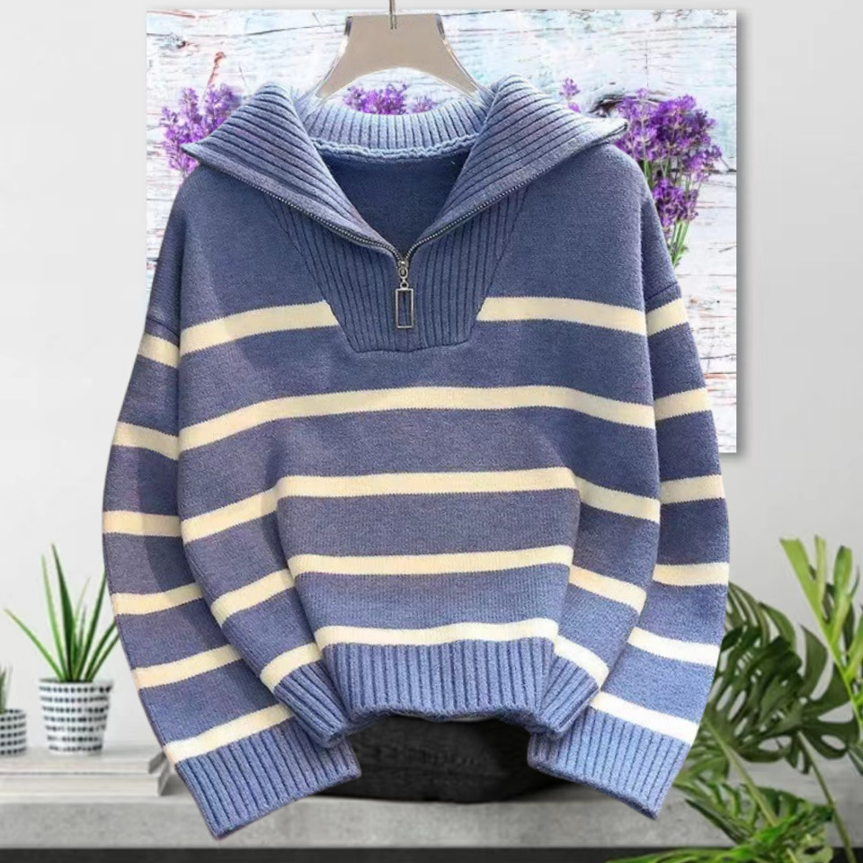 2024 neuer Damen-Herbst-Winter-College-Stil, außen und innen getragener gestreifter Strickpullover, Pullover mit halbem Reißverschluss_voghion.com