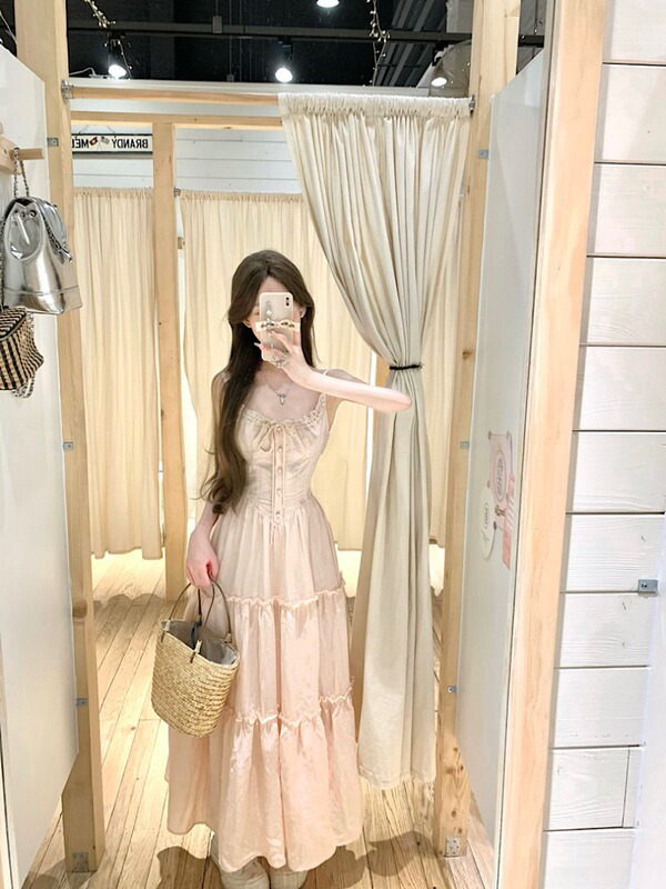 Gentle Style Lace Splicing Pink Suspender Dress for Women Summer New Elegant Strappy Waist Sleeveless Long Skirt