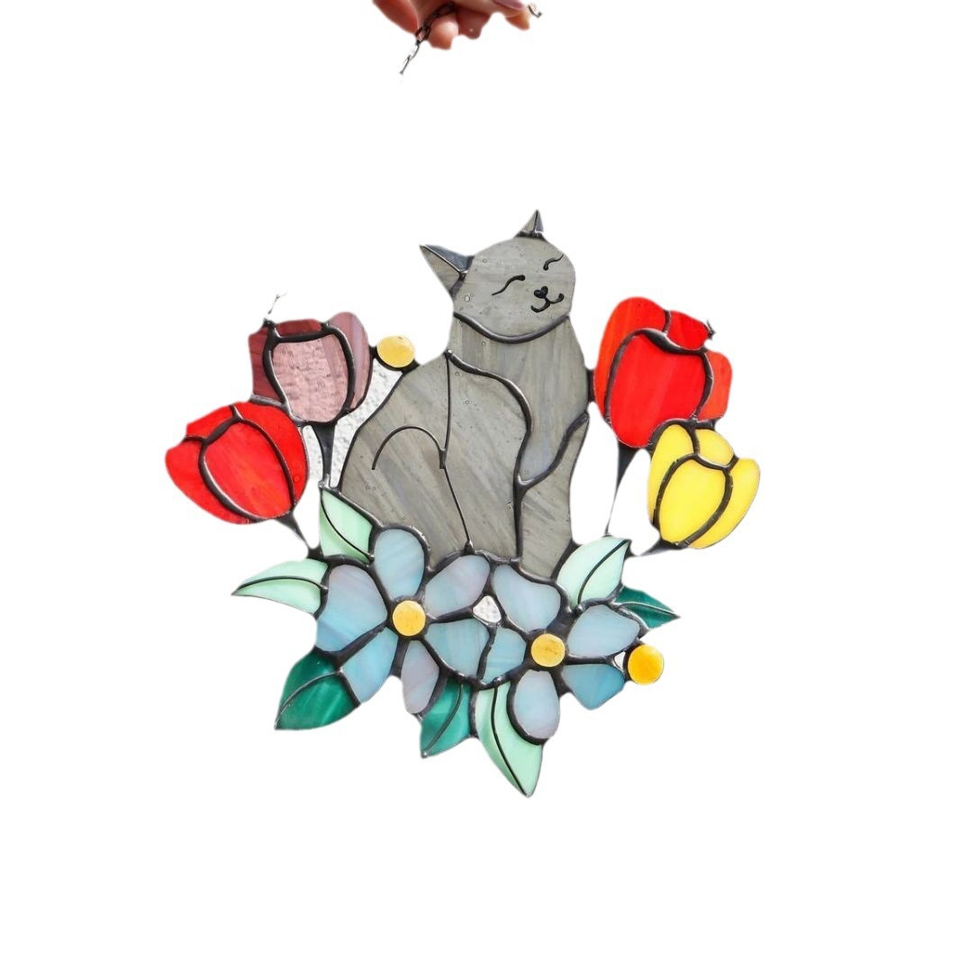 Colgante nuevo colgante de ventana acrílica de color flores gatos decoración de pared del hogar regalo para los amantes del gato
