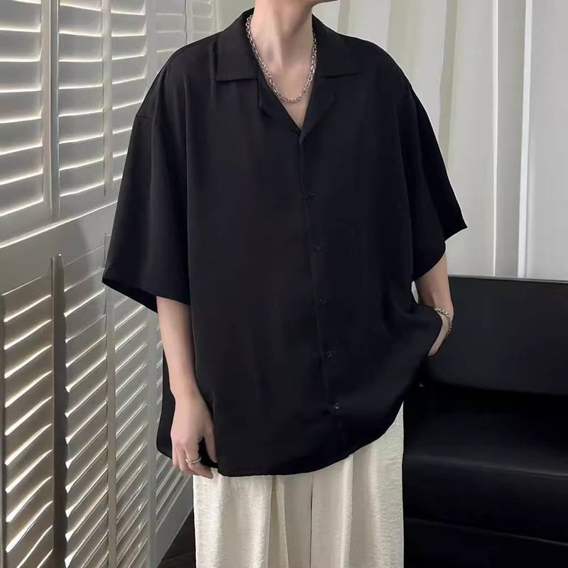 Cuban Collar Shirt Men's Short-sleeved Summer Ice Silk Draped Men's Loose and Handsome Black Fashion Half-sleeved Casual Shirt