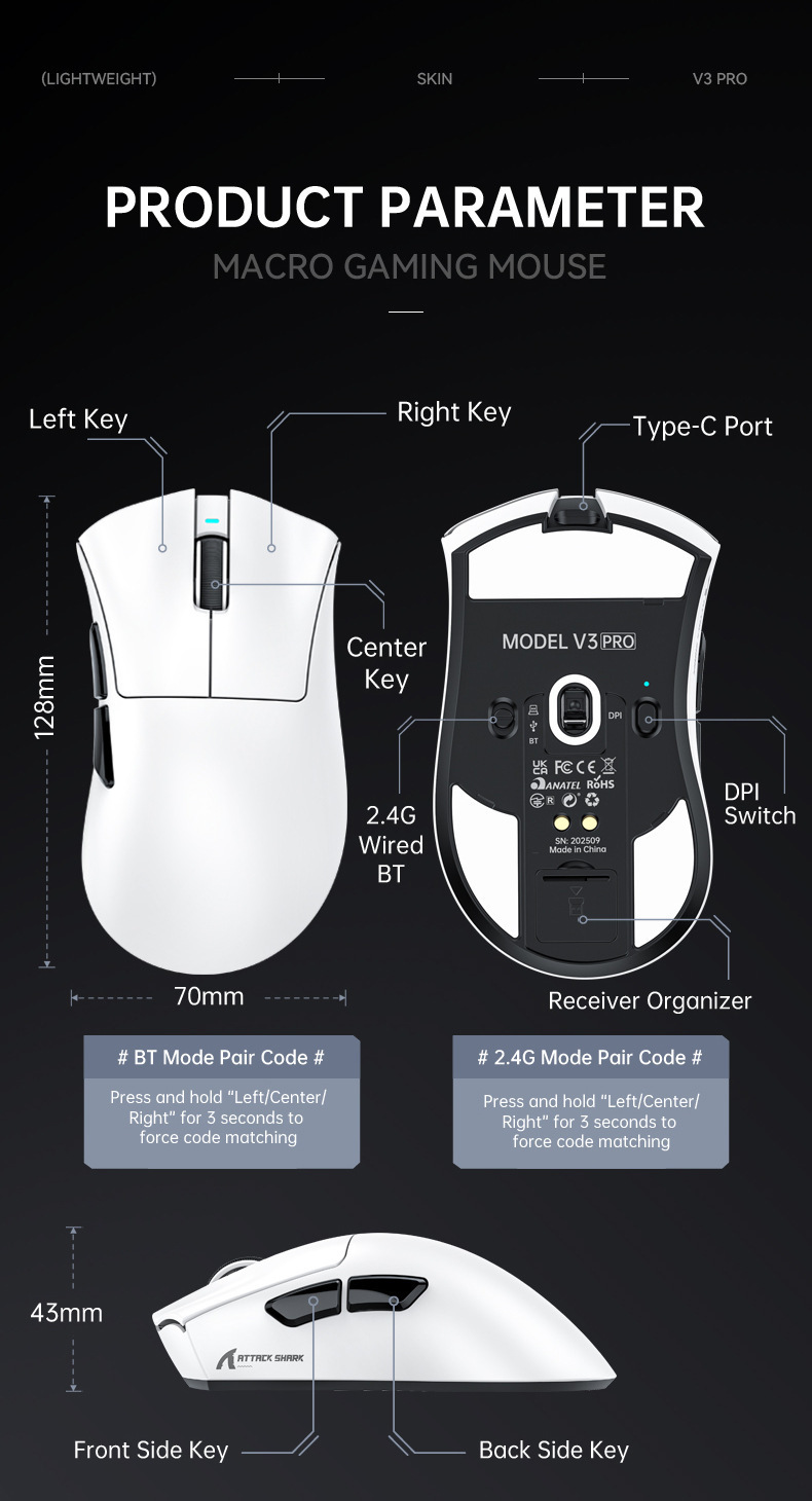 AttackShark V3PRO Mouse, Lightweight, Video Game, The Third Mock Examination, Wireless Bluetooth, RGB Seat, Rechargeable_voghion.com