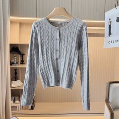 春季女装扭花圆领针织开衫外套简约时尚长袖针织上衣女Y471612