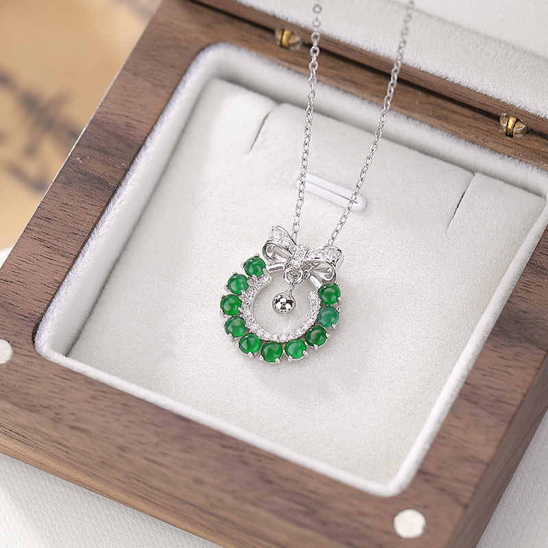 Mặt dây chuyền bạc S925 hình hươu nơ đính ngọc bích xanh — Mẫu ngọc bích nước xanh (không có dây chuyền)
