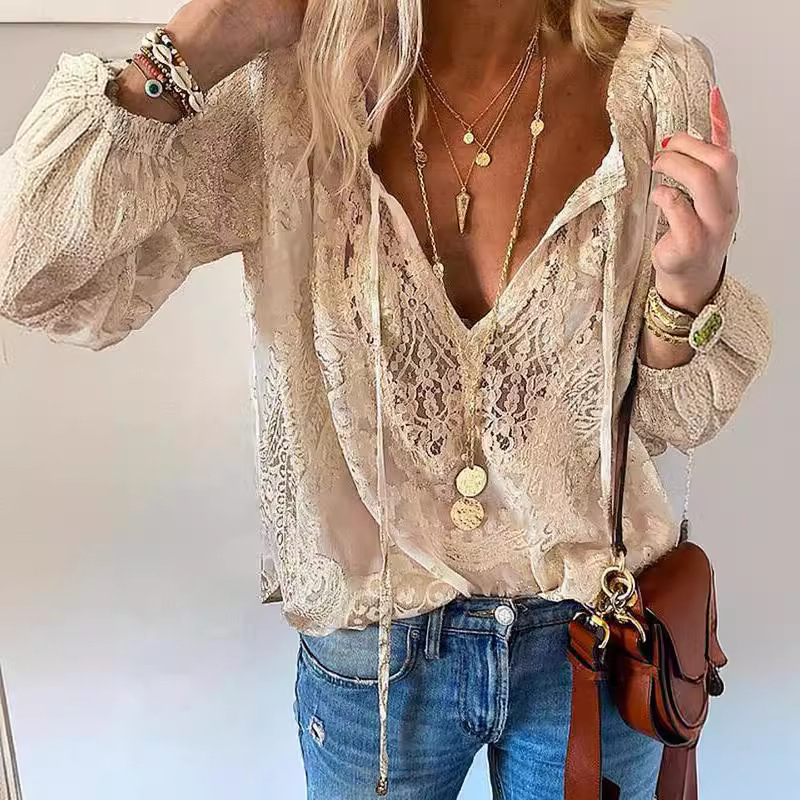 现货 2021年新款夏休闲纯色欧美宽松型套头优雅气质通勤蕾丝衫