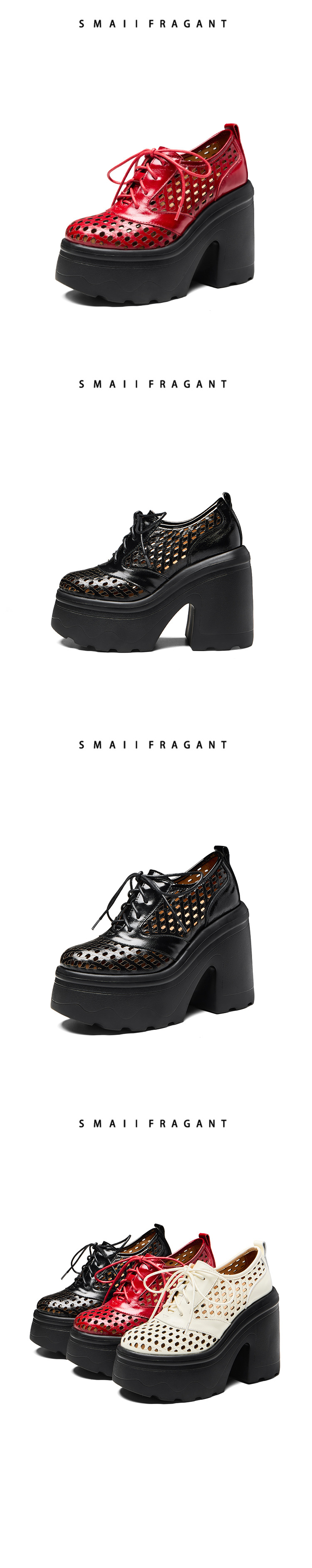 Giày loafer nữ gót cao đế xuồng platform da bò thật, phong cách hở mũi buộc dây thoáng khí — màu đen, màu trắng, màu đỏ chi tiết 16