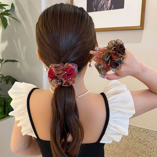 Double flower hair ring large intestine ring Japanese and Korean high-end hair rope women's head rope high elastic meatball headband hair flower headdress