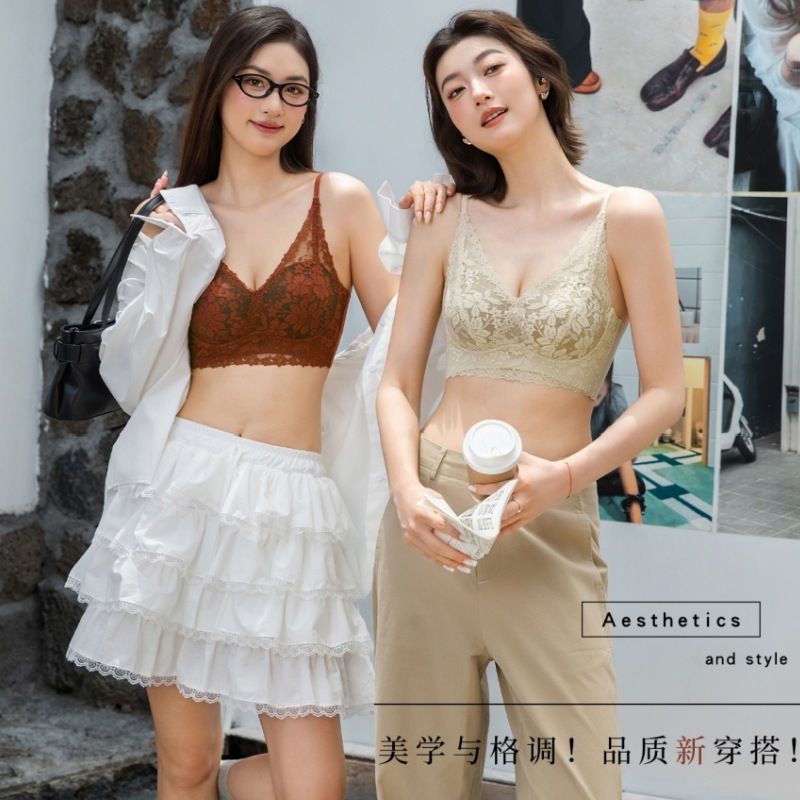V领蕾丝美背吊带内衣自带胸垫内搭防走光抹胸固定杯三角杯文胸Bra|undefined