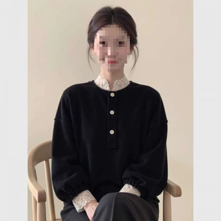 新中式女装黑色蕾丝边丝绒上衣2026秋冬百搭显瘦气质减龄国风小衫