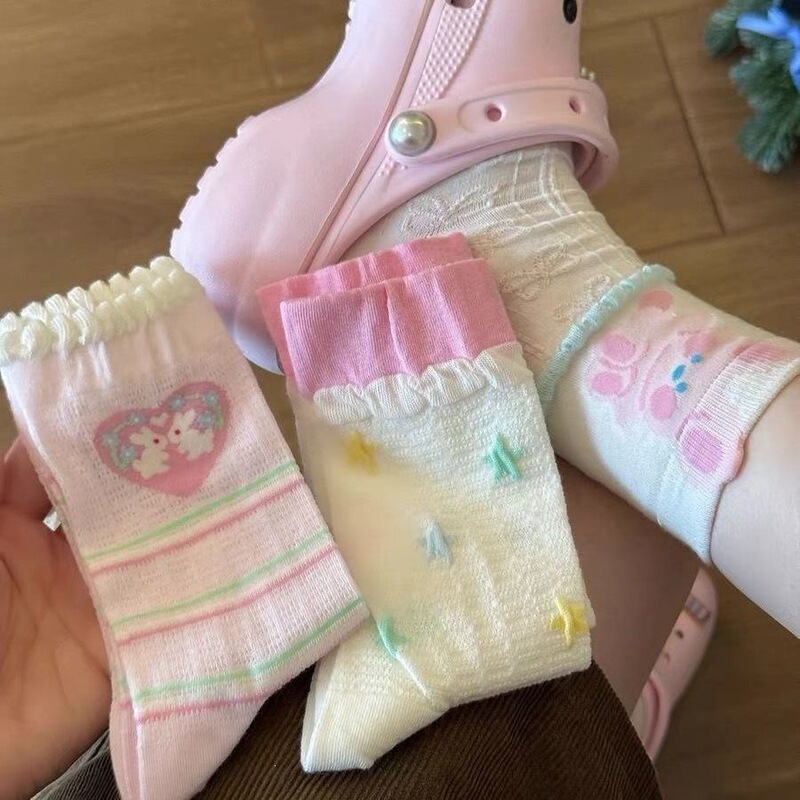 Spring and Summer Thin Rabbit-Themed Breathable Sweat-Absorbing Lace Pink Cartoon Ins Cute Girly Style Socks for Women Mid-Calf Socks Spring and Summer Thin Rabbit-Themed Breathable Sweat-Absorbing Lace Pink Cartoon Ins Cute Girly Style Socks for Women Mid-Calf Socks