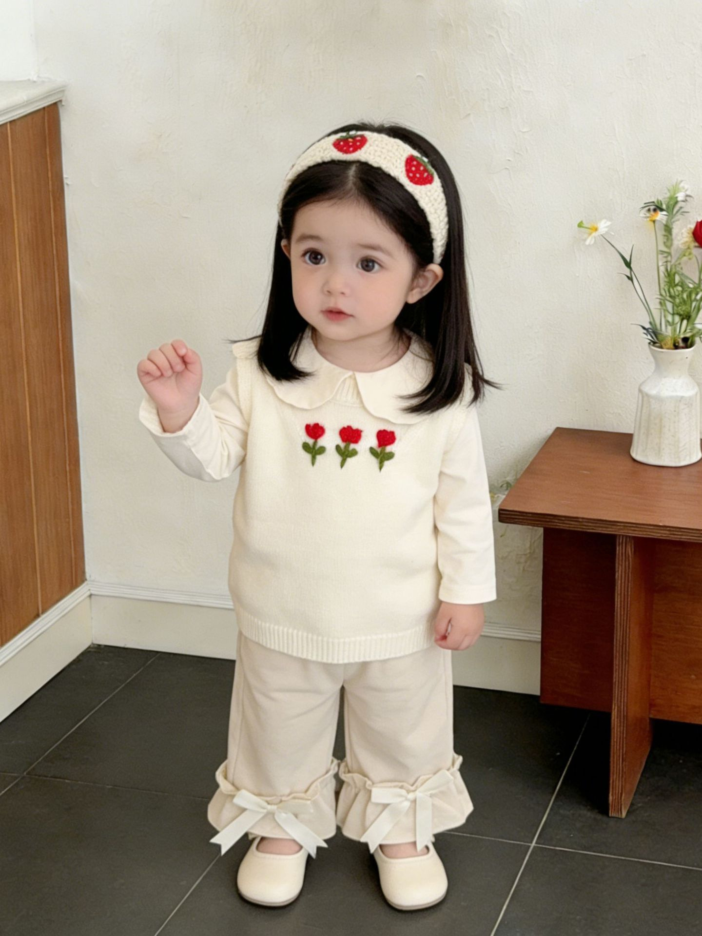 Niñas primavera extranjera chaleco de punto 2026 nuevo otoño bebé coreano plegado chaleco de moda camisa de hombro