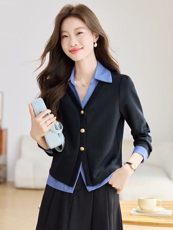 哥家商场同款女装2025秋季假两件拼接衬衫长袖高级感时尚气质上衣|undefined