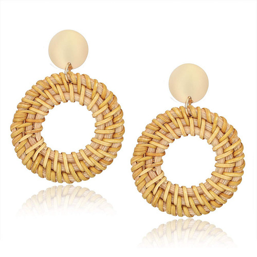 2pairs Ethnic style retro geometric vine hand-woven earrings European and American beach style exaggerated rattan earrings