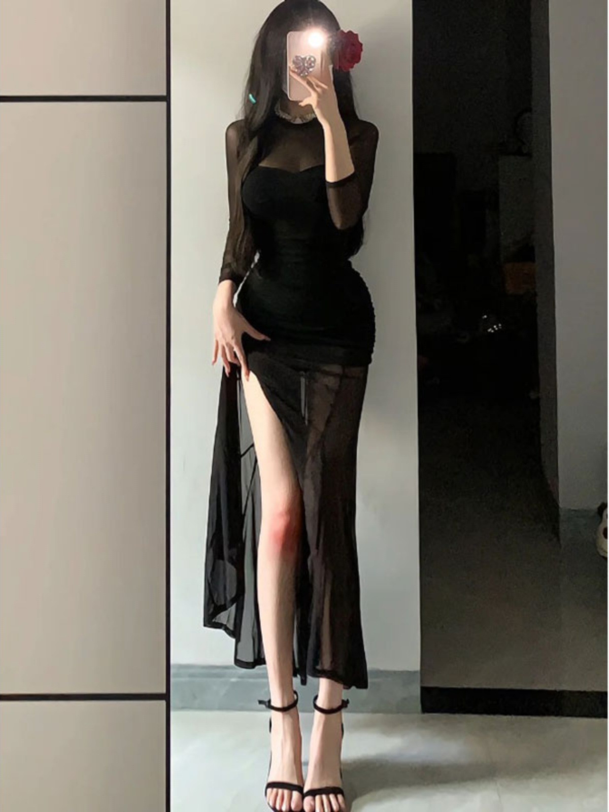 2025 Spring New Style French Style Royal Sister High-End Evening Dress Celebrity Black Mesh Long-Sleeved Dress for Women