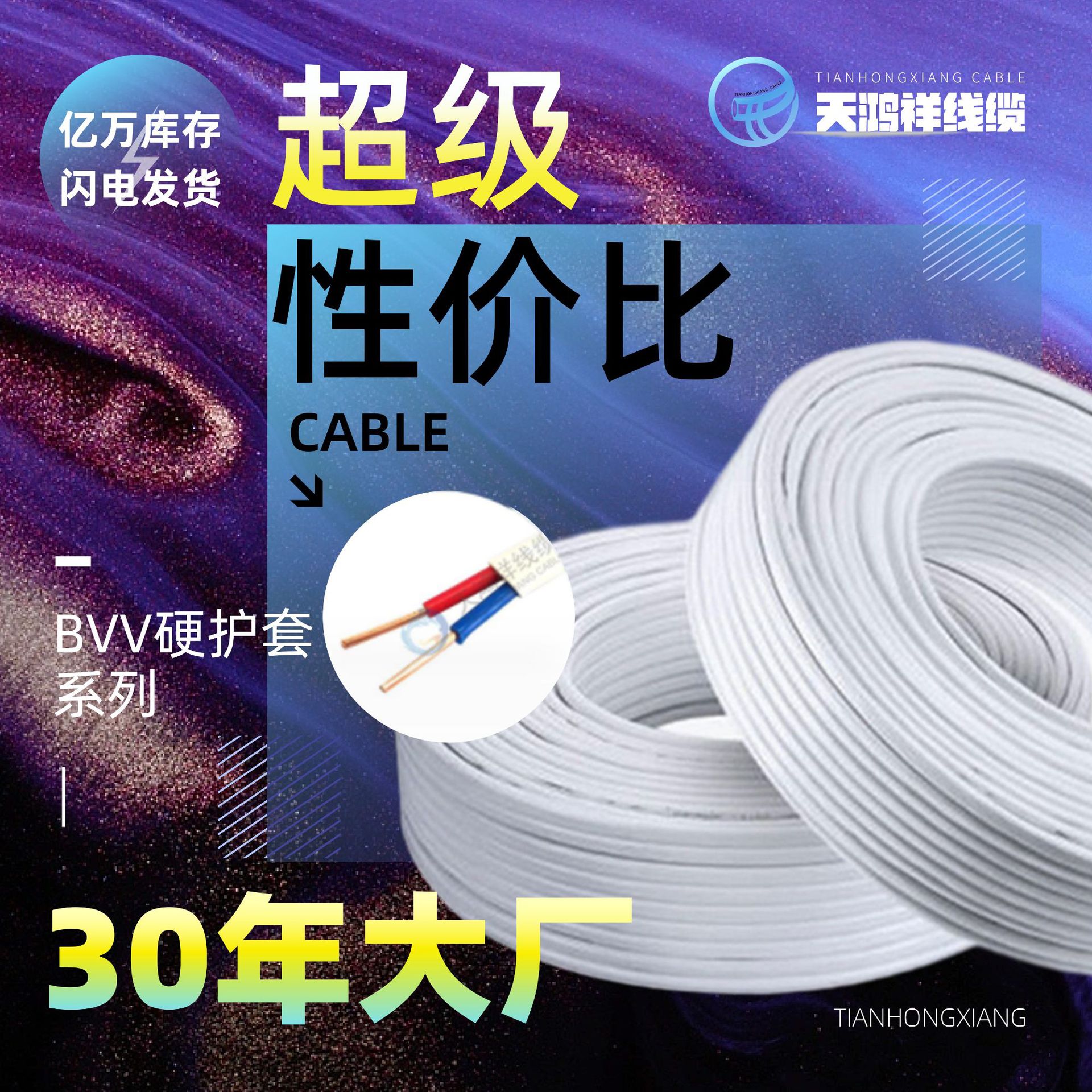 厂家供应两芯BVV硬护套线阻燃2*6平方电线无氧铜线芯聚氯乙烯电线