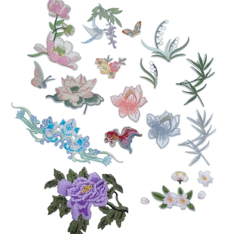 2026 ventas calientes de nuevo estilo nacional DIY grupo de ropa de ventilador bordado pegatinas de flores de bambú hoja de phoenix pegatinas de flores de melocotón