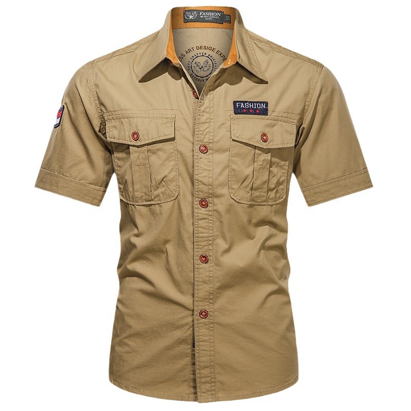 Camisas de mangas cortas de hombre de verano nuevos productos de algodón de mediana edad relajados casuales de color sólido cuello vertical multi-bolsillo chaqueta funcional para hombre