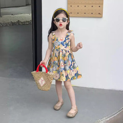 童裝女童連衣裙2024夏裝裙子田園風油畫碎花裙肩帶蝴蝶結公主裙