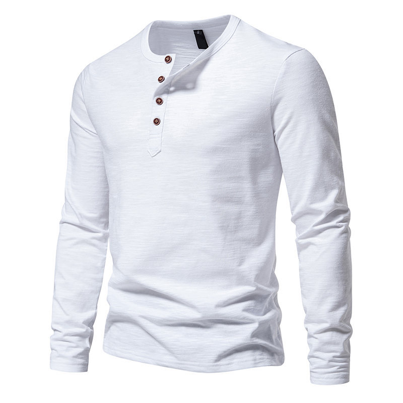 T-shirt da uomo a maniche lunghe con collo Henry a quattro bottoni in cotone tinta unita in bambù per l'autunno e l'inverno dei nuovi uomini_voghion.com