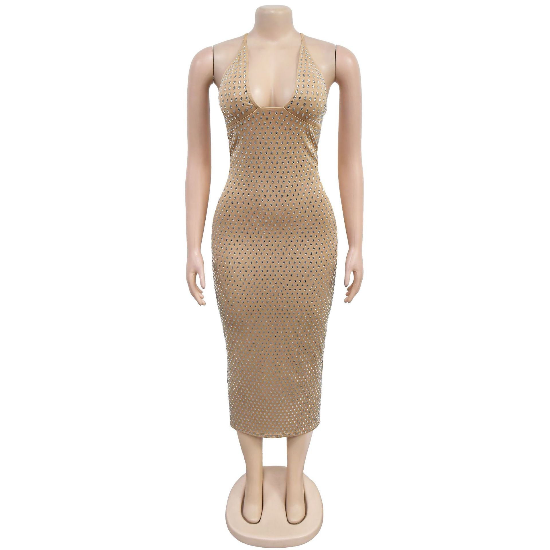 Women Wear Rhinestone Slim Fit Arm Covering Solid Color Sexy Dress